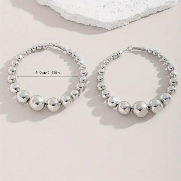 Elegant Silvertone Beaded Hoop Earrings – Classic Statement Jewelry - Picture 2 of 3